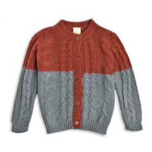 Cardigan en tricot torsadé pour femme, orange et gris, à blocs de couleur, manches longues, col rond, fermeture boutonnée, style décontracté, 100 % acrylique, pour l'automne - Product Image 1