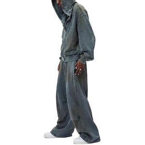 Men's tracksuit Oversized Vintage Acid Wash Flared Sweats <b>Set</b> Rhinestone Cut And <b>Sew</b> Heavy Zip Up Suit - Product Image 1