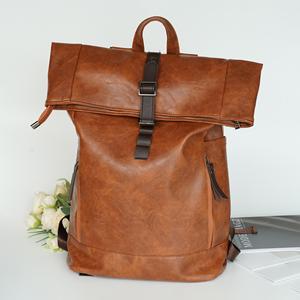 Ergonomic Leather <b>Roll</b> Top <b>Backpack</b> S-Curve Shoulder Straps Rucksack For Comfort Large Travel Bag LRTB-0155C - Product Image 3