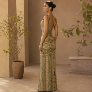 Robe de soirée de luxe dorée à perles pour femme, col en V profond, robe longue formelle, élégante, à sequins, pour soirée, cocktail, bal de promo, invitée de mariage - Product Image 3