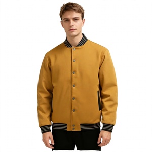 <b>Men</b> Mustard <b>Yellow</b> Varsity <b>Jacket</b> Snap Button Closure Striped Ribbed Collar Cuffs Hem Casual Outerwear Custom Wholesale Apparel - Product Image 1