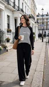 <b>Women's</b> Black <b>White</b> Striped Raglan Sweatshirt & Elastic Waist Wide Leg Pants 2 in 1 Lightweight Sports Casual <b>Tracksuit</b> Set - Product Image 6