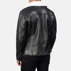 Alberto White <b>Shearling</b> Black Leather <b>Jacket</b> for <b>Men</b> Made of 100% Sheepskin Leather and Sherpa Fur Lining Eco-Friendly Winter - Product Image 4