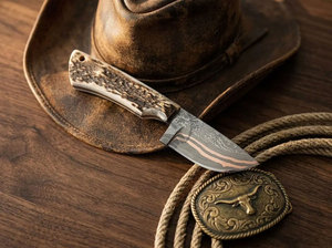 Cuchillo de Caza Vaquero Occidental Hecho a Mano, Nueva Edición 2026, con Hoja de Acero Damasco de Cobre Cu Mai, Punta Caída y Espiga Completa, OEM, con Empuñadura de Asta de Ciervo - Product Image 3