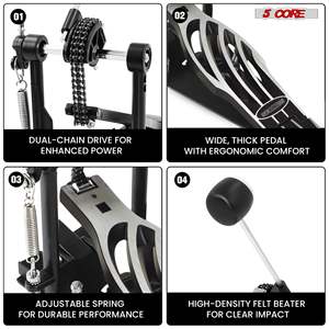 Pédale de grosse caisse 5 cœurs robuste avec support réglable, tête de batte en feutre et double chaîne - Product Image 3