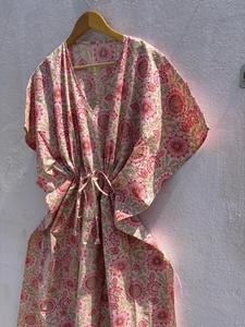Pink Floral Cotton <b>Kaftan</b> Dress for Women V-neck Batwing Sleeves Printed <b>Beach</b> Cover Boho Resort Wear Regular Fit Summer Maxi - Product Image 3