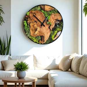 Olive Wood Clock with Real Moss Handmade Rustic Nature Wooden Moss Wall Clock Handmade Nature-Inspired Wall Decor Collection - Product Image 1