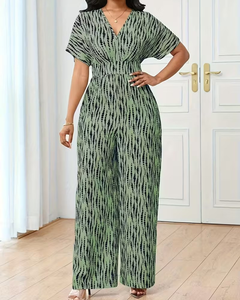 Women's High Waist V-neck Eco-Friendly Fleece Casual Breathable Summer Striped Printed Short Sleeve Jumpsuit - Product Image 4