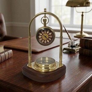 Premium Brass Desk <b>Clock</b> with Compass Wooden Base Vintage Antique Nautical Table <b>Clock</b> Decorative Home Office Timepiece - Product Image 1