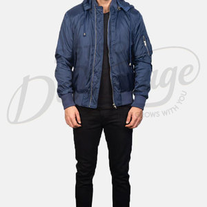 Men Navy Blue Hooded Bomber <b>Jacket</b> Windproof Casual Flight <b>Jacket</b> with Detachable Hood and Sleeve Zipper Pocket - Product Image 4
