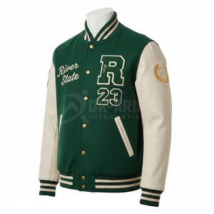 Plus Size Men's Varsity Jacket Green Cream Appliques 23 Preppy Style Winter Waterproof Sheep <b>Fur</b> - Product Image 2