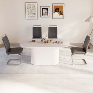 Set da Pranzo 4 Pezzi: Tavolo in MDF Stile Moderno Medievale Crema da 160 cm con Sedie Senza Braccioli in PU e Gambe in Metallo Placcato Argento per Sala da Pranzo - Product Image 1
