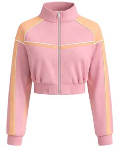 Chaqueta deportiva corta rosa melocotón para mujer, con cremallera, para gimnasio, fitness, ropa deportiva, con rayas en contraste, para entrenamiento, fabricante. - Product Image 1