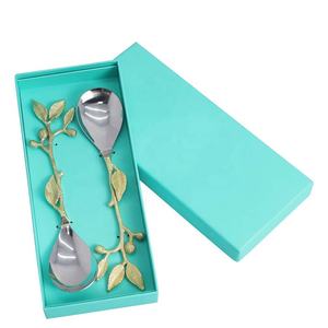 Restaurante Mate Plata Pulido Cuchara Tenedor Servidor de ensalada Juego con diseñador Ramita dorada con hojas Servidor de ensalada de mango largo - Product Image 1