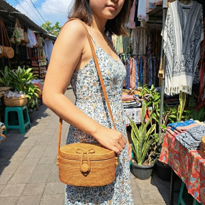 Fashion Natural Rattan Oval Shape <b>Wicker</b> HandBag Cotton Lining Button Closure Bow Cheap Price from Vietnam Straw Beach <b>Bag</b> - Product Image 3