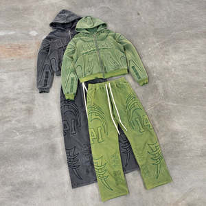 Conjunto de Sudadera con Capucha y Pantalones Deportivos de Algodón 100% de Alta Calidad, Estilo Desgastado, con Cierre, para Hombre - Product Image 1