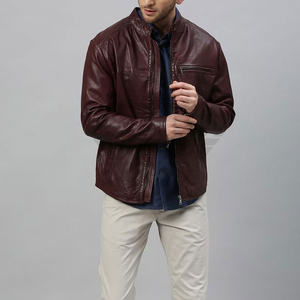 Custom Manufacturer Men Premium Maroon <b>Real</b> <b>Leather</b> <b>Jacket</b> Slim Fit Stand Collar Biker Moto Coat High Quality Outerwear - Product Image 1