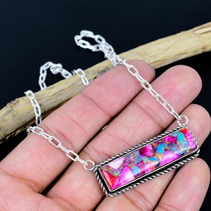 Collier bar en argent sterling 925 plaqué, fait main, avec pierre précieuse naturelle d'huître rose, design exclusif - Product Image 2