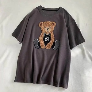 T-shirt en coton pour homme, manches courtes, col rond, imprimé ours floqué, coupe décontractée, motif graphique, blanc, noir, gris - Product Image 5
