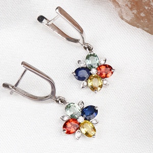 Precious Natural Multi Sapphire <b>Diamond</b> 18k Solid White Gold Handmade Classic Drop <b>Earrings</b> Certified Wedding Engagement Women - Product Image 5