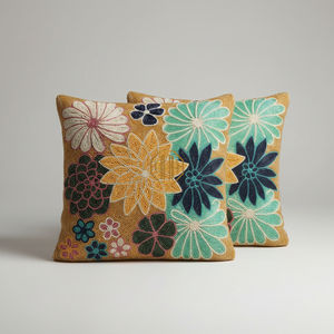 Funda de Cojín Moderna de Lujo en Oro Amarillo, Noorims Akbar, 100% Poliéster, con Bordado Floral y Cuentas, Hecha a Mano - Product Image 1