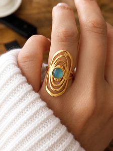 Natural Blue Chalcedony Swirl <b>Adjustable</b> <b>Ring</b> 18K Gold Plated Statement Boho Handmade Abstract Geometric Jewelry Gift Her - Product Image 1