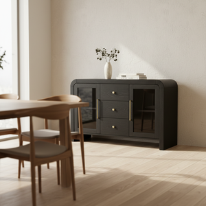 Aparador para Sala de Estar, Mueble Buffet con Tres Cajones Centrales y Dos Puertas Laterales con Frente de Vidrio, Diseño Moderno en Colores Dinámicos - Product Image 2