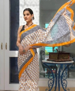 Sari Tradicional Kanjivaram de Lino, Algodón y Seda KV con Estampado Gráfico y Digital, Sin Arrugas, para Fiestas de Otoño - Product Image 6
