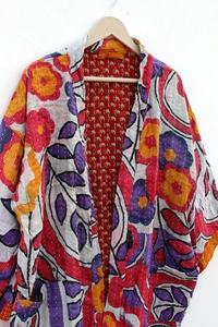 Nueva llegada indio hecho a mano viejo Kantha edredón Kimono chaqueta clásica Kimono largo con cinturón y chaqueta de cuello grande para mujer - Product Image 5