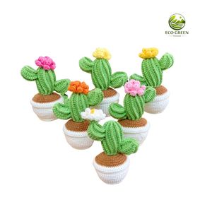 Plante de cactus au crochet artisanale, écologique et durable, en pot avec abeille et fleur, décoration intérieure pour salon, toutes saisons - Product Image 6
