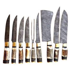 PASHA ENTERPRISES Ensemble de 9 couteaux de cuisine faits à la main en acier inoxydable, manches en corne de cerf, embout en laiton, finition polie miroir - Product Image 1