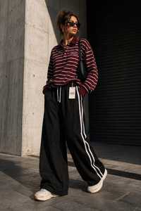 Burgundy <b>White</b> Striped <b>Long</b> <b>Sleeve</b> Polo <b>Shirt</b> Knitted Button Collar Sporty Top - Product Image 5