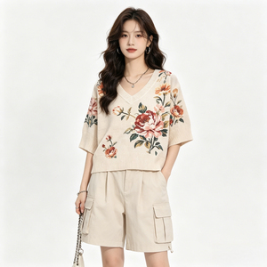Suéter de Punto con Cuello en V y Estampado Floral para Mujer, Top Informal de Media Manga, Bordado de Algodón Suave, Ropa de Primavera - Product Image 3
