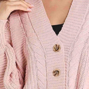 Cárdigan de punto trenzado oversize informal para mujer, ajuste holgado, transpirable, ligero, cuello en V, para otoño/invierno, color rosa, con botones - Product Image 5