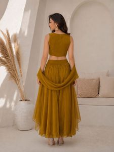 Ensemble Choli Lehenga brodé jaune avec travail de sequins, longueur cheville, robe de soirée et de mariage pour femme - Product Image 2