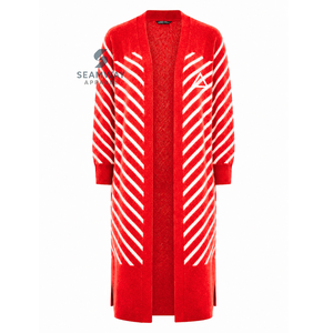 Delta | Sigma | Theta Women's Longline Open Front Cardigan <b>Red</b> White Striped Ribbed Cuffs Embroidered Duster With Side Slit - Product Image 1