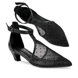 Sepatu pump wanita mewah buatan khusus sepatu selempang hak tinggi desainer klasik dengan jaring tali T ujung runcing sepatu hak tinggi