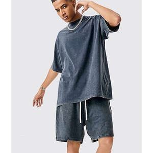 Men Gym Workout Acid Wash T Shirt Shorts <b>Set</b> Summer Casual 2 Piece Outfit Breathable Cotton Matching <b>Set</b> - Product Image 3