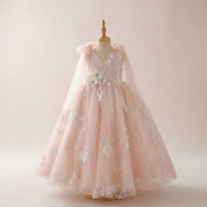Vestido de Niña para Damas de Honor, Color Rosa Pálido Etéreo, con Bordado Floral 3D Hecho a Mano, Capa de Satén Transparente, Estilo Princesa, Largo hasta la Rodilla - Product Image 3