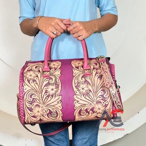Nuevas bolsas de lona grandes de cuero floral rosa de lujo, hechas a mano, de cuero genuino premium, para viajes de fin de semana, para mujeres. - Product Image 1