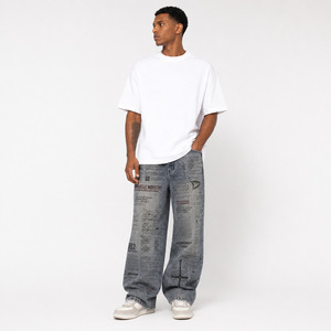 DRAVELLE INDUSTRY Jean droit pour homme en denim imprimé numérique, taille haute, coupe régulière, délavé, style streetwear automne - Product Image 4
