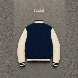 Chaqueta Varsity Azul Marino Personalizada de Lana con Mangas Crema, Puños Acanalados a Rayas, Cierre Frontal con Botones a Presión, Chaqueta Letterman al por Mayor - Product Image 6