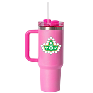 Gobelet isotherme AKA Ivy League rose en acier inoxydable avec poignée, couvercle et paille – Vaisselle durable - Product Image 1