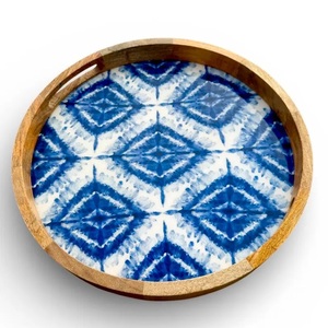 Plateau en bois de manguier écologique, design rond bleu, plateau de service pour la maison et l'hôtel - Product Image 5