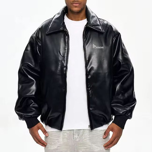 High Quality Custom Black Genuine <b>Leather</b> Bomber <b>Jacket</b> with Stand Collar Embroidery Patches for <b>Men</b> - Product Image 1