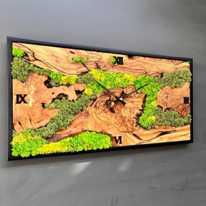 Olive Wood Moss Wall <b>Clock</b> Rectangular Handmade Wooden <b>Clock</b> Decor Luxury Wood & Moss Designer Wall <b>Clock</b> Eco-Friendly Green - Product Image 4