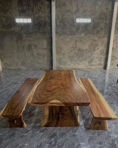 Natural Suar Wood Slab <b>Table</b> <b>Set</b> with Matching <b>Bench</b> Live Edge Design Unique Grain Handcrafted Premium Solid Wood Furniture - Product Image 1
