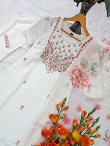 White Floral Printed Cotton Salwar Kameez With Dupatta For Women Traditional Indian Pakistani Casual Wear <b>Ankle</b>-Length Regular F - Product Image 4