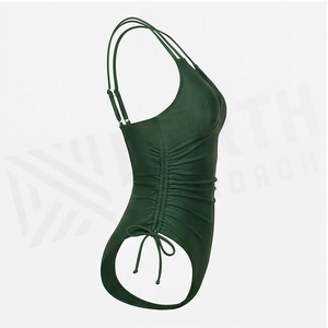 Women One Piece Swimsuit Deep V Neck Ruched Side Tie Halter Swimwear Solid Green Stretch Fabric - Product Image 3