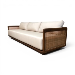 Sofá Moderno Minimalista Curvo de Madera de Teca Sólida y Duradera de 3 Plazas con Panel Lateral de Ratán y Cojín Crema para Apartamento y Parque - Product Image 3